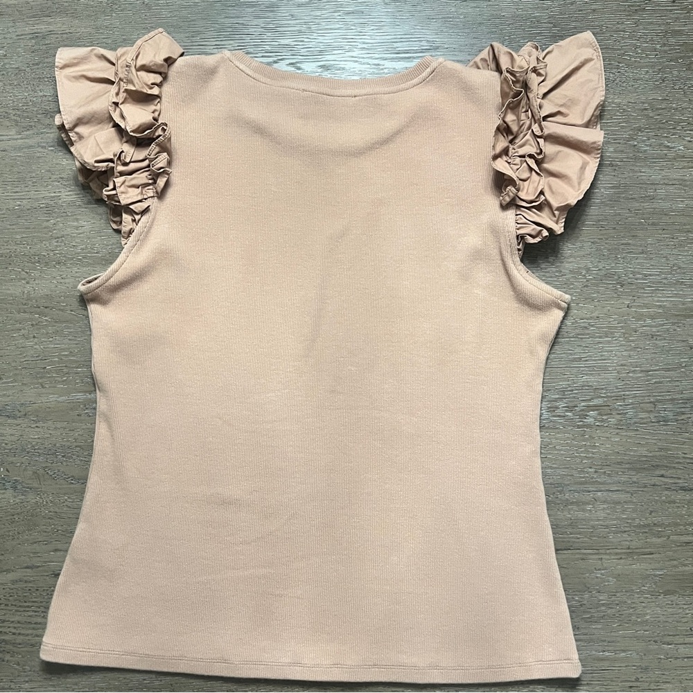Gibson Latimer Beige Ruffle Sleeve Ribbed Crew Neck Tank Top size Large - Picture 2 of 7